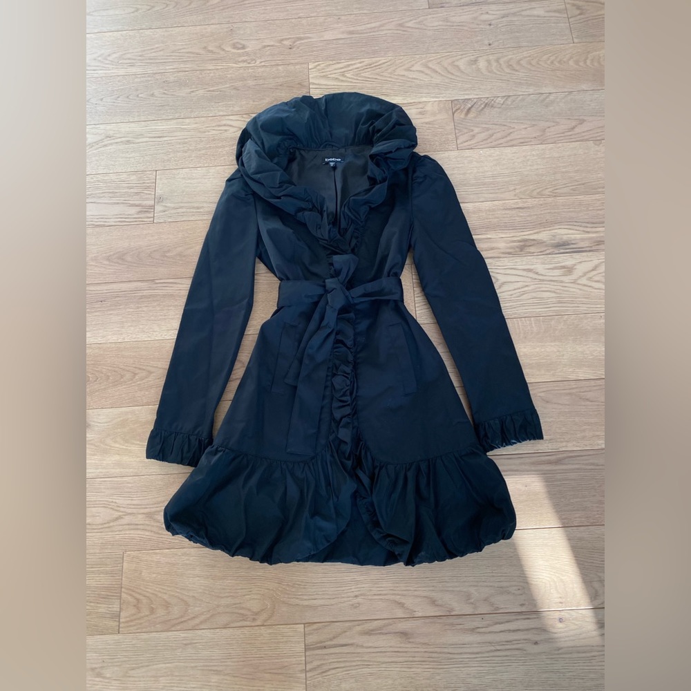 Bebe| Black Ruffle Trench Coat with Belt